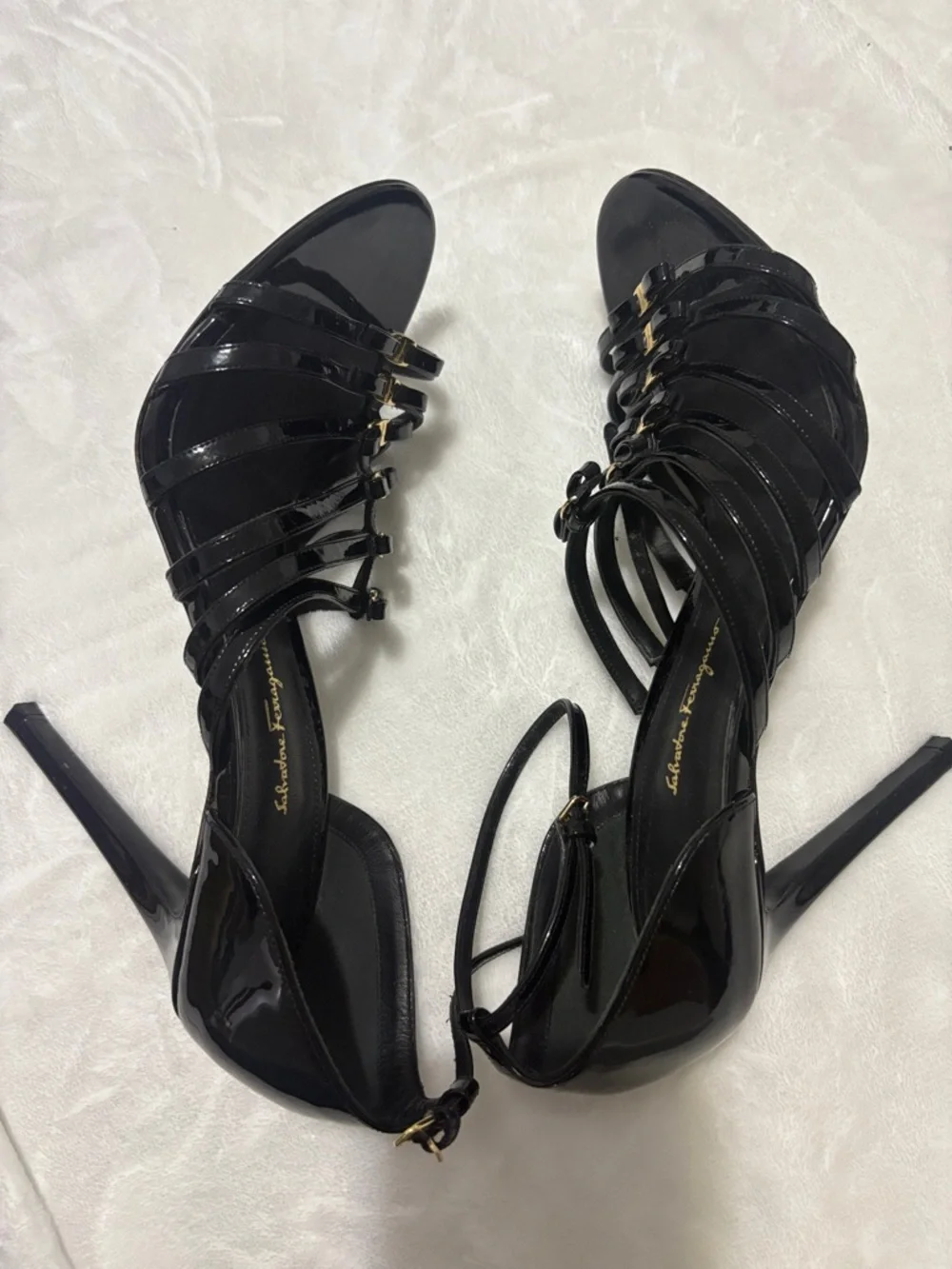 Salvatore Ferragamo Black Multi-Strap Leather Heels with Gold Accents - Picture 4 of 6